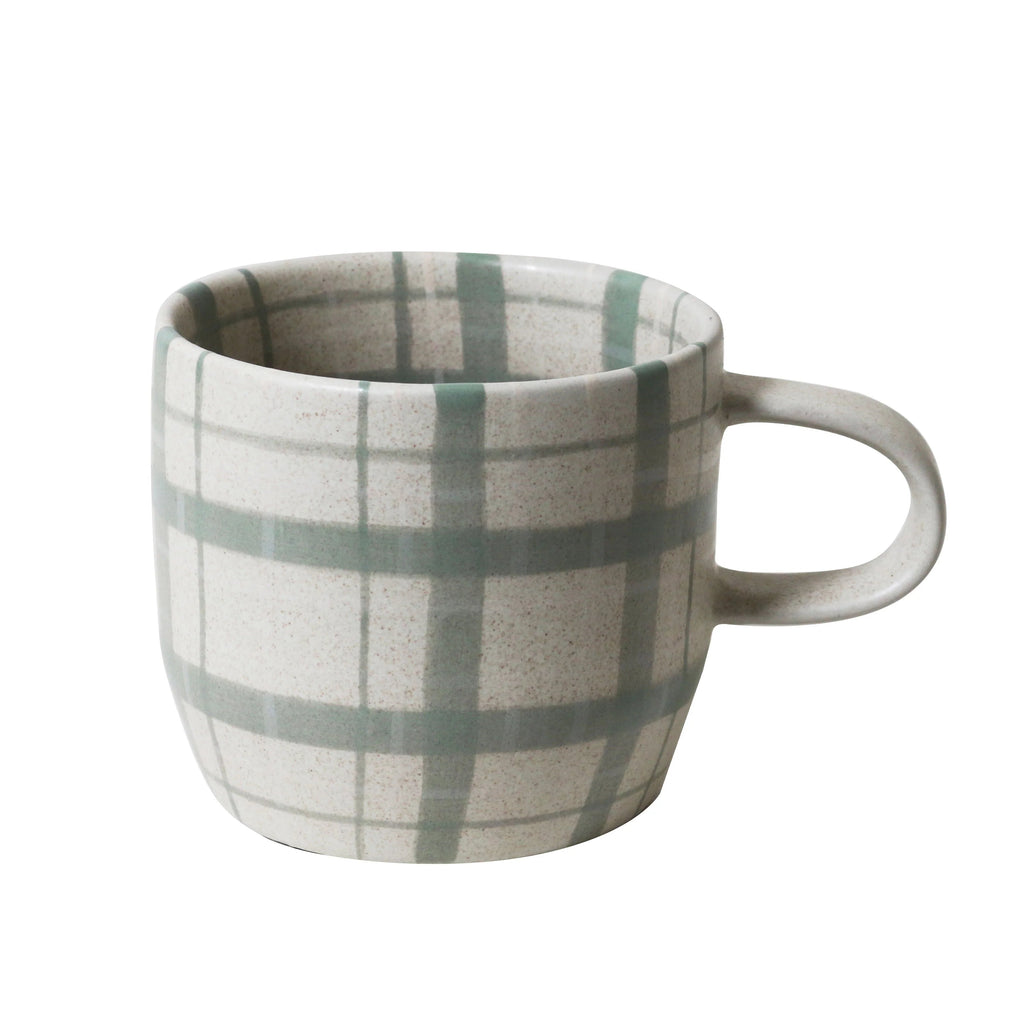 Mug single - duck egg check-Robert gordon-Hand-painted tartan, stripes, and gingham checks both inside and out make these mugs truly charming. We truly think they are the Cat’s Pyjamas. Available in 5 unique designs. Beautiful designs delicately hand painted inside and out. 350ml Capacity Microwave and Dishwasher safe Made from high fired stoneware-Pash + Evolve