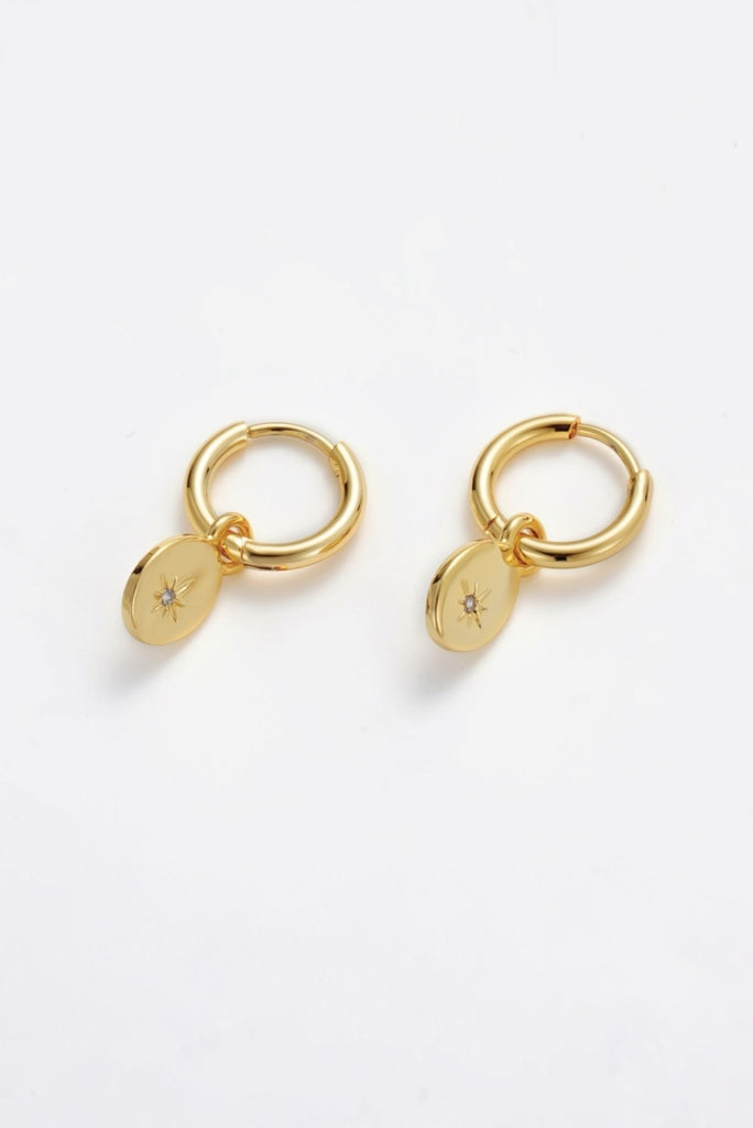Nala hoop - gold-Zafino-A stunning and addition to your jewellery collection. These earrings feature a beautiful disk charm with a sparkling crystal star in the centre that adds a touch of magic to your look. Made with high-quality materials and attention to detail, the Nala Earring is both durable and captivating. With their comfortable fit and easy-to-wear closure, they are perfect for everyday wear or special occasions. Metal: 18K Gold Plated on BrassDimensions: 10mm HoopWater Resistant: Splash proof, n