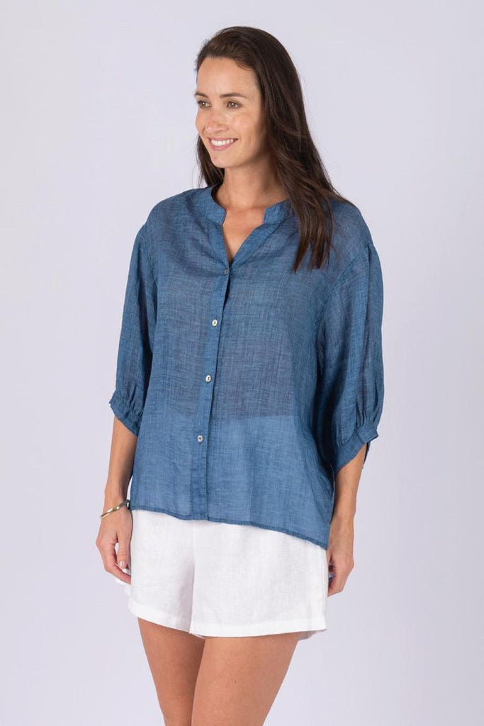 Nikola linen shirt - denim-Pash + Evolve-Nikola is always on Demand, in fact you will want to own her in every colour. This top is super easy to wear, and the most flattering fit on. Easily dress her up or down. * Button up front & back * Short sleeves * hi-low hemline * 100% Linen-Pash + Evolve