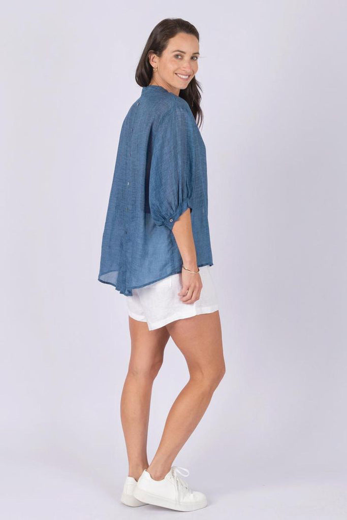 Nikola linen shirt - denim-Pash + Evolve-Nikola is always on Demand, in fact you will want to own her in every colour. This top is super easy to wear, and the most flattering fit on. Easily dress her up or down. * Button up front & back * Short sleeves * hi-low hemline * 100% Linen-Pash + Evolve