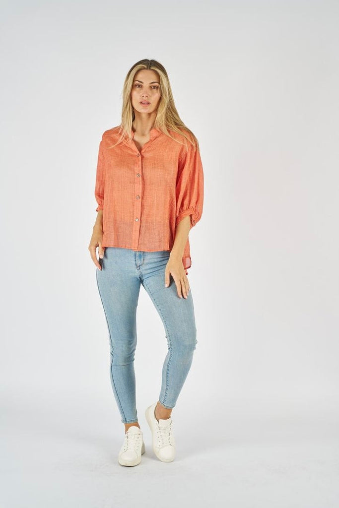 Nikola linen shirt - orange-Pash + Evolve-Nikola is always on Demand, in fact you will want to own her in every colour. This top is super easy to wear, and the most flattering fit on. Easily dress her up or down. * Button up front & back * Short sleeves * hi-low hemline * 100% Linen-Pash + Evolve