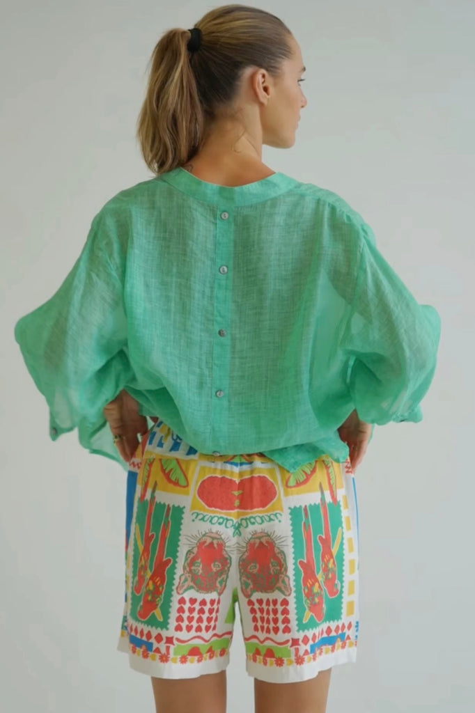 Nikola shirt - Spring green-Pash + Evolve-Our best selling Nikola shirt!! This top is super easy to wear, and the most flattering fit on. Easily dress her up or down. * Button up front & back *Short sleeves *Blue/Chocolate * hi-low hemline * 100% Linen-Pash + Evolve