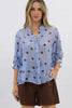 Nikola shirt - blue/choc spot-Pash + Evolve-Our best selling Nikola shirt, now in spots! This top is super easy to wear, and the most flattering fit on. Easily dress her up or down. * Button up front & back *Short sleeves *Blue/Chocolate spot * hi-low hemline * 100% Linen-Pash + Evolve