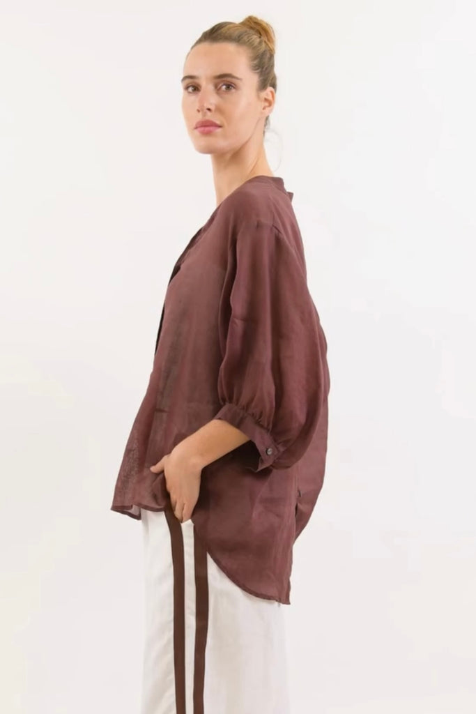 Nikola shirt - chocolate-Pash + Evolve-Our best selling Nikola shirt! This top is super easy to wear, and the most flattering fit on. Easily dress her up or down. * Button up front & back *Short sleeves *Blue/Chocolate * hi-low hemline * 100% Linen-Pash + Evolve
