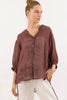 Nikola shirt - chocolate-Pash + Evolve-Our best selling Nikola shirt! This top is super easy to wear, and the most flattering fit on. Easily dress her up or down. * Button up front & back *Short sleeves *Blue/Chocolate * hi-low hemline * 100% Linen-Pash + Evolve