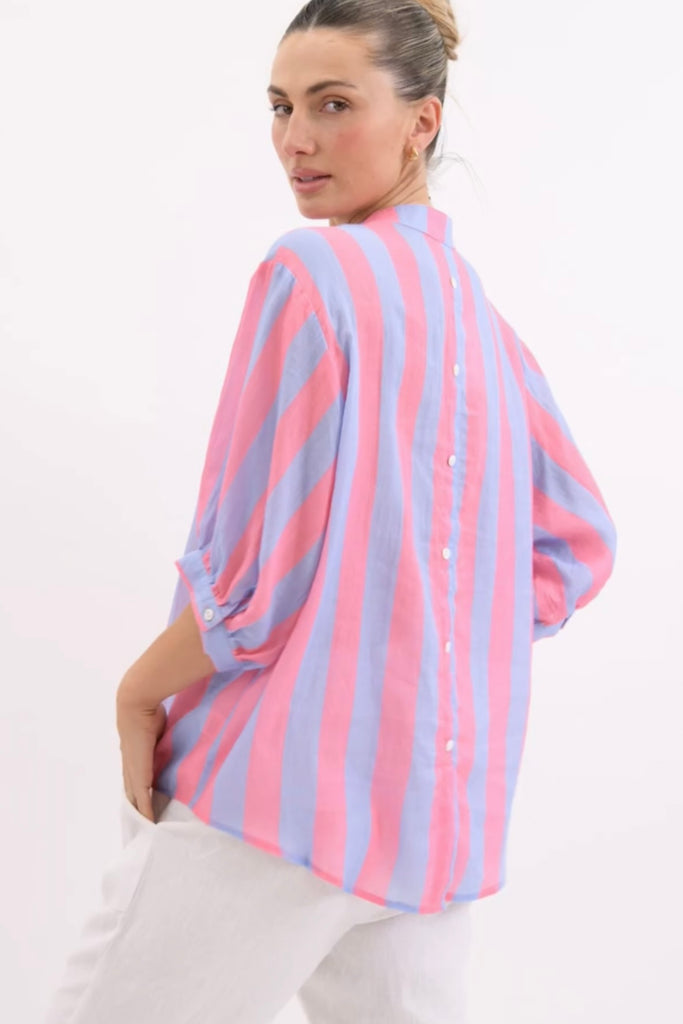Nikola shirt - lilac/pink-Pash + Evolve-Our best selling Nikola shirt, now in stripes! This top is super easy to wear, and the most flattering fit on. Easily dress her up or down. * Button up front & back *Short sleeves *Blue/Chocolate * hi-low hemline * 100% Linen-Pash + Evolve