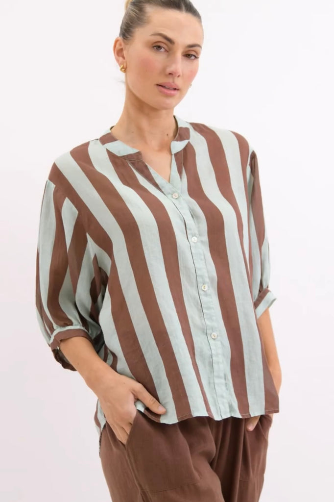 Nikola shirt - mint/chocolate-Pash + Evolve-Nikola is always on Demand, in fact you will want to own her in every colour. This top is super easy to wear, and the most flattering fit on. Easily dress her up or down. * Button up front & back *Short sleeves *Blue/Chocolate * hi-low hemline * 100% Linen-Pash + Evolve