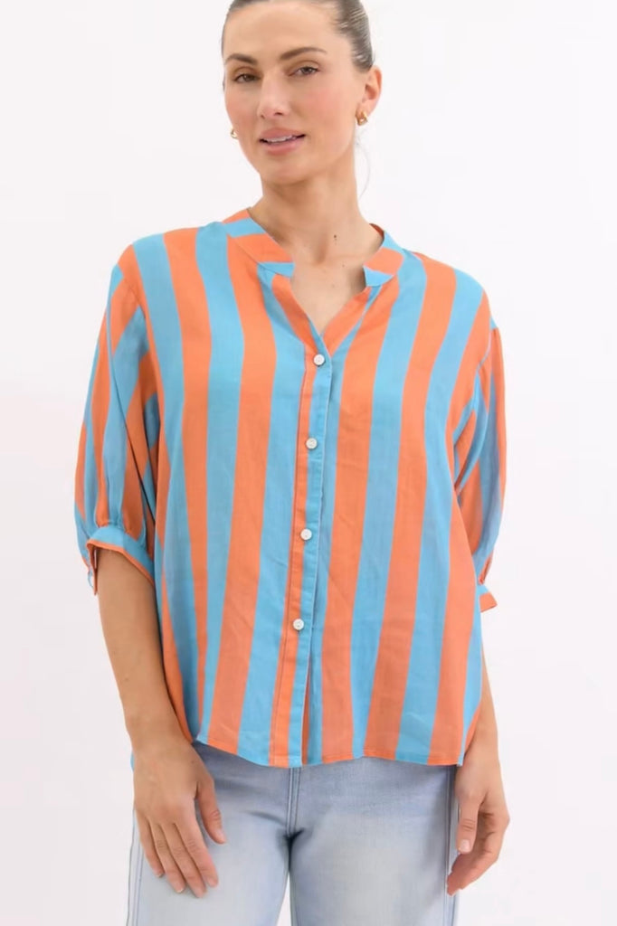 Nikola shirt - orange/aqua-Pash + Evolve-Our best selling Nikola shirt, now in stripes! This top is super easy to wear, and the most flattering fit on. Easily dress her up or down. * Button up front & back *Short sleeves *Orange/Aqua * hi-low hemline * 100% Linen-Pash + Evolve