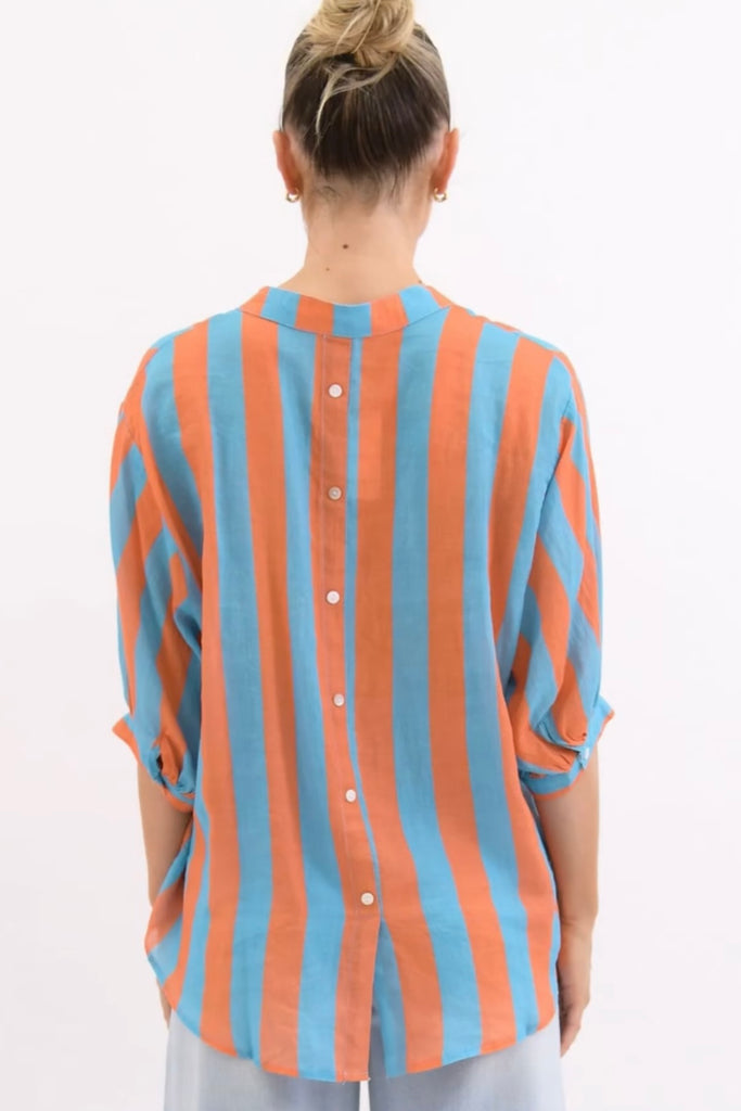 Nikola shirt - orange/aqua-Pash + Evolve-Our best selling Nikola shirt, now in stripes! This top is super easy to wear, and the most flattering fit on. Easily dress her up or down. * Button up front & back *Short sleeves *Orange/Aqua * hi-low hemline * 100% Linen-Pash + Evolve