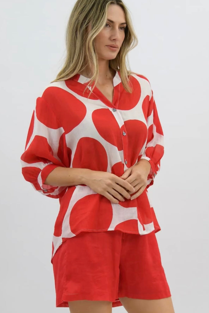 Nikola shirt - red spot-Pash + Evolve-Our best selling Nikola shirt, now in spots! This top is super easy to wear, and the most flattering fit on. Easily dress her up or down. * Button up front & back * Short sleeves * hi-low hemline * 100% Linen-Pash + Evolve