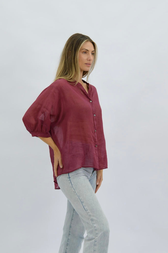 Nikola shirt - rosewood-Pash + Evolve-Our best selling Nikola shirt!! This top is super easy to wear, and the most flattering fit on. Easily dress her up or down. * Button up front & back *Short sleeves * hi-low hemline * 100% Linen-Pash + Evolve