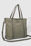 Nora Nylon Tote Bag - Khaki-Louenhide-The Louenhide Nora Khaki Nylon Tote Bag is the perfect combination of practicality and style. With its spacious interior, this tote bag is perfect for carrying your daily essentials. It features one zip pocket and two slip pockets in the main compartment, as well as a backside zip pocket and feet on the base to keep your belongings safe and secure. The backside suitcase sleeve allows you to easily attach the tote to your luggage for added convenience. The adjustable and