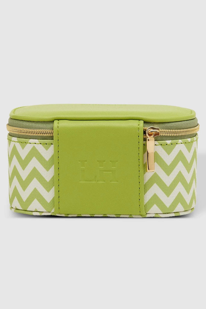 Olive Jewellery Box - Chevron Lime-Louenhide-The Louenhide Olive Chevron Lime Jewellery Box is a sweet oblong accessories box perfect for travel or everyday use. Keep your jewellery safe and secure in Olive Chevron Lime's separate compartments, elasticated pocket, and ring rolls. This affordable jewellery case is versatile and will fit comfortably in your handbag for on-the-go styling! ﻿ Internal Features 2 Ring Rolls, Elastic Slip Pocket, 2 Compartments Internal Lining Faux Suede Nude 100% Lining Closure S