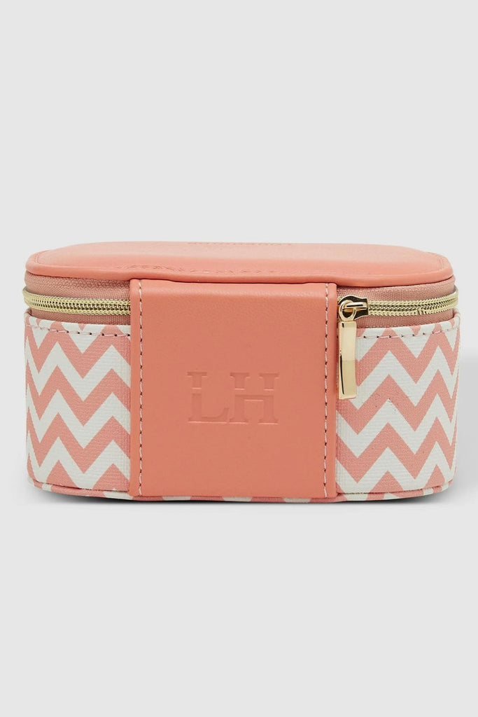 Olive Jewellery Box - Chevron Peach-Louenhide-The Louenhide Olive Chevron Peach Jewellery Box is a sweet oblong accessories box perfect for travel or everyday use. Keep your jewellery safe and secure in Olive Chevron Peach's separate compartments, elasticated pocket, and ring rolls. This affordable jewellery case is versatile and will fit comfortably in your handbag for on-the-go styling! Internal Features 2 Ring Rolls, Elastic Slip Pocket, 2 Compartments Internal Lining Faux Suede Pink 100% Lining Closure 