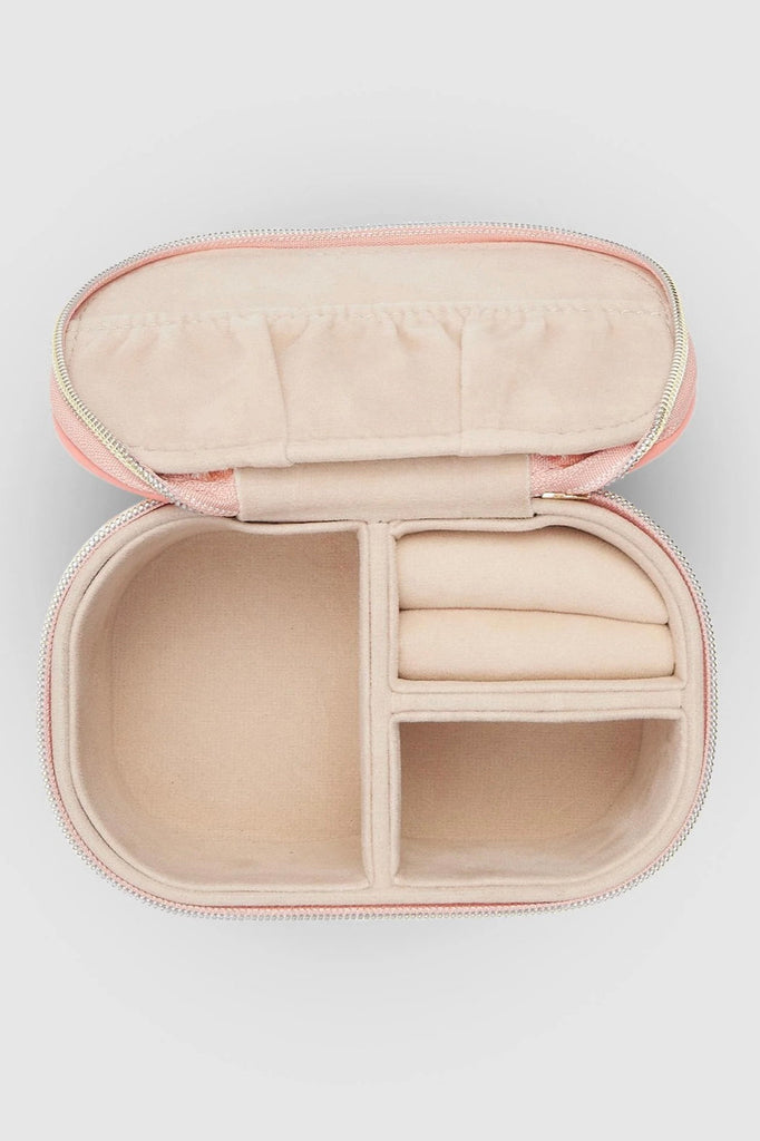 Olive Jewellery Box - Pink-Louenhide-The Louenhide Olive Pink Jewellery Box is a sweet oblong accessories box perfect for travel or everyday use. Keep your jewellery safe and secure in Olive Pink's separate compartments, elasticated pocket, and ring rolls. This affordable jewellery case is versatile and will fit comfortably in your handbag for on-the-go styling! Internal Features 2 Ring Rolls, Elastic Slip Pocket, 2 Compartments Internal Lining Faux Suede Nude 100% Lining Closure Secure Zip Body Material Po