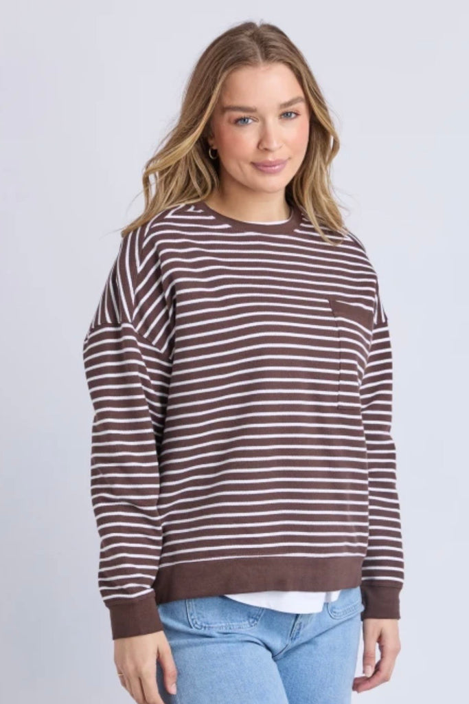 Original stripe crew - coffee/white stripe-Foxwood-Stripes just got a whole lot cooler with the Original Stripe Crew! Featuring yarn-dyed stripes and a front chest pocket, this relaxed-fit crew is perfect for those days when you want to keep it comfy yet stylish. Whether you’re chilling or out and about, this crew is all about that easy, laid-back vibe! Yarn dyed stripe Front chest pocket Relaxed Fit 100% Cotton Model is 176cm and wears size 10-Pash + Evolve