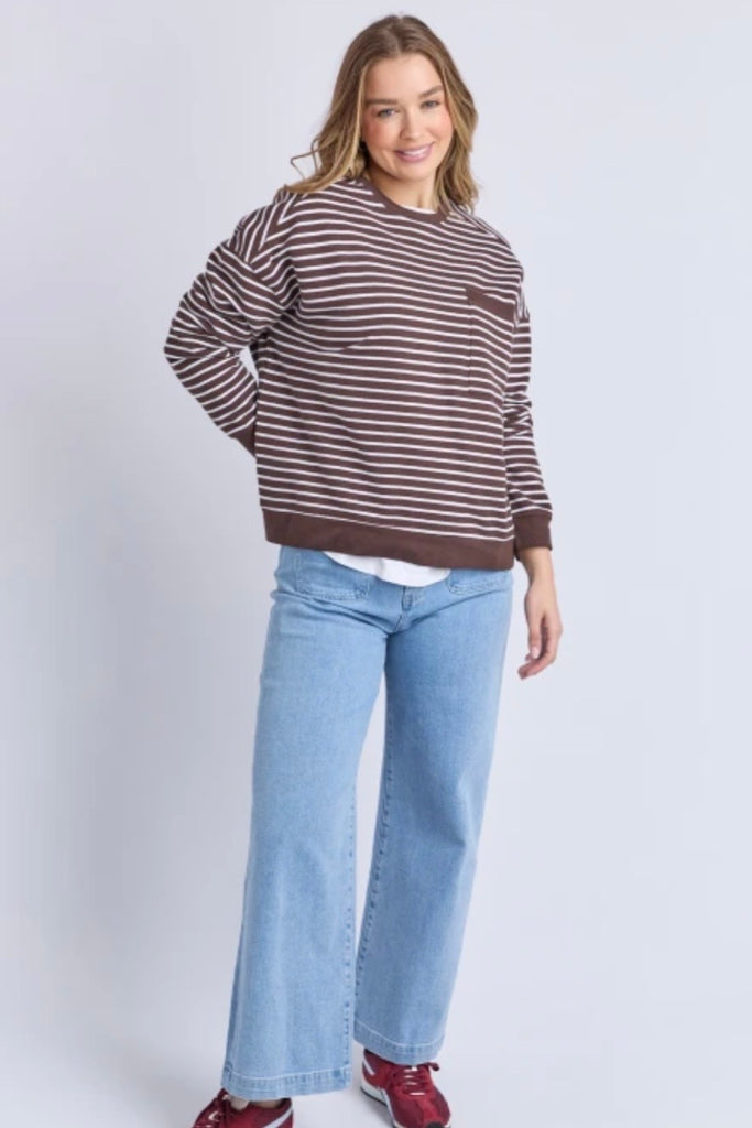 Original stripe crew - coffee/white stripe-Foxwood-Stripes just got a whole lot cooler with the Original Stripe Crew! Featuring yarn-dyed stripes and a front chest pocket, this relaxed-fit crew is perfect for those days when you want to keep it comfy yet stylish. Whether you’re chilling or out and about, this crew is all about that easy, laid-back vibe! Yarn dyed stripe Front chest pocket Relaxed Fit 100% Cotton Model is 176cm and wears size 10-Pash + Evolve