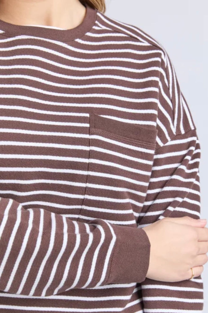 Original stripe crew - coffee/white stripe-Foxwood-Stripes just got a whole lot cooler with the Original Stripe Crew! Featuring yarn-dyed stripes and a front chest pocket, this relaxed-fit crew is perfect for those days when you want to keep it comfy yet stylish. Whether you’re chilling or out and about, this crew is all about that easy, laid-back vibe! Yarn dyed stripe Front chest pocket Relaxed Fit 100% Cotton Model is 176cm and wears size 10-Pash + Evolve