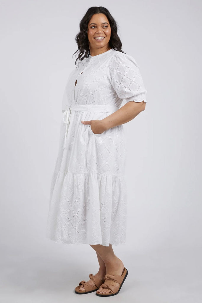 Ottilie Broderie Dress - Pearl-Elm-The Perfect Dress For Those Warm Days, Lunches Out With Friends Or Trips To The Seaside. Featuring A 1/2 Button Front, Pretty Puff Sleeves And A Mid Length Tiered Skirt, You'll Feel All Kinds Of Beautiful In This Dress. 1/2 Button Front Placket Lightly Elasticated Puff Sleeves Tiered Skirts Cotton Broderie-Pash + Evolve