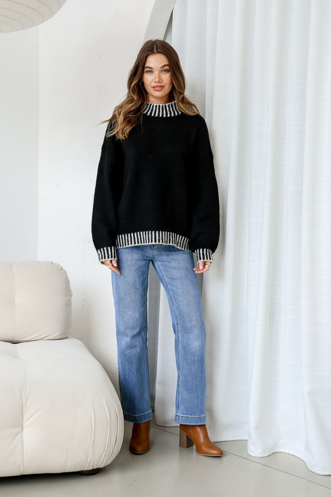 Paige knit - black-Pash + Evolve-*Contrast blanket stitching *Long sleeve *High neck *65% Acrylic, 35% Wool-Pash + Evolve