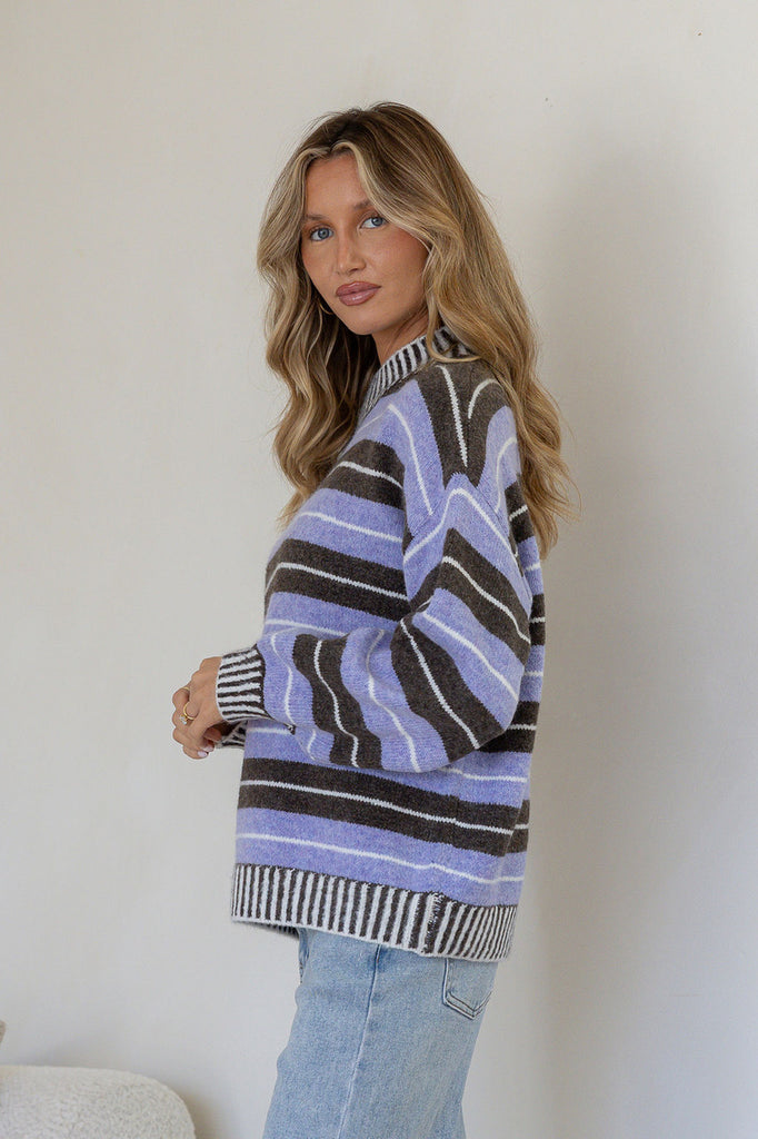 Paige knit - chocolate/lilac-Pash + Evolve-*Round neck *Long sleeve *Super soft & comfy *Lilac/Chocolate *65% Acrylic, 35% Wool-Pash + Evolve