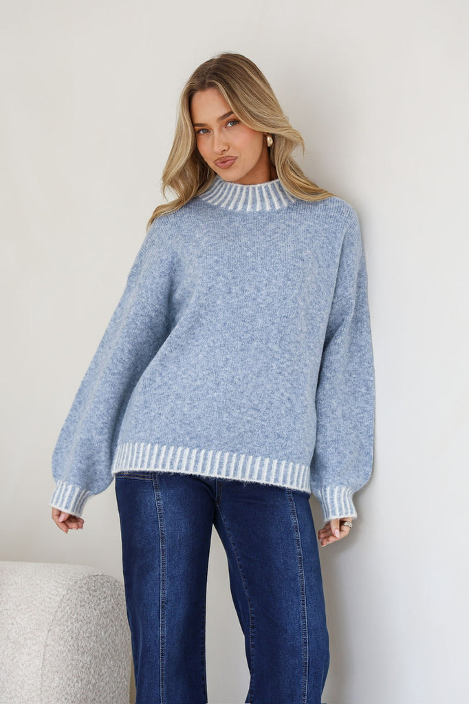 Paige knit - light blue-Pash + Evolve-*Contrast blanket stitching *Long sleeve *High neck *65% Acrylic, 35% Wool-Pash + Evolve