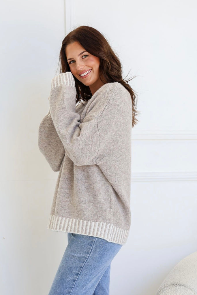 Paige knit - mocha-Pash + Evolve-*Contrast blanket stitching *Long sleeve *Round neck *65% Acrylic, 35% Wool-Pash + Evolve
