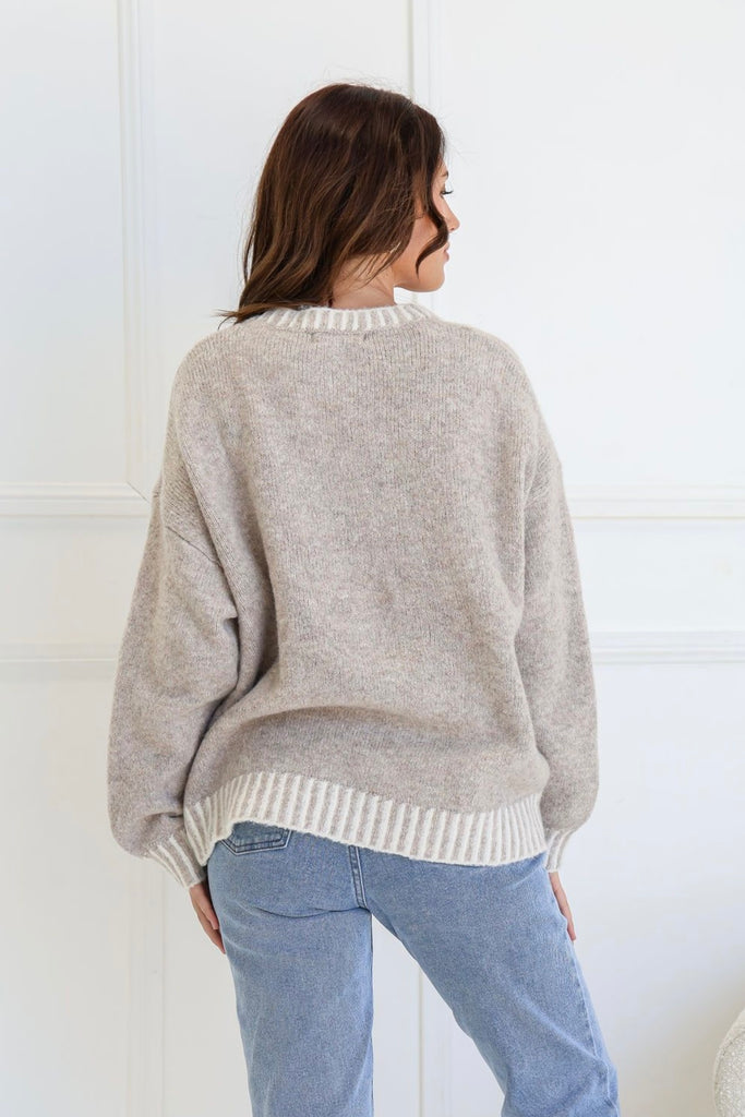 Paige knit - mocha-Pash + Evolve-*Contrast blanket stitching *Long sleeve *Round neck *65% Acrylic, 35% Wool-Pash + Evolve