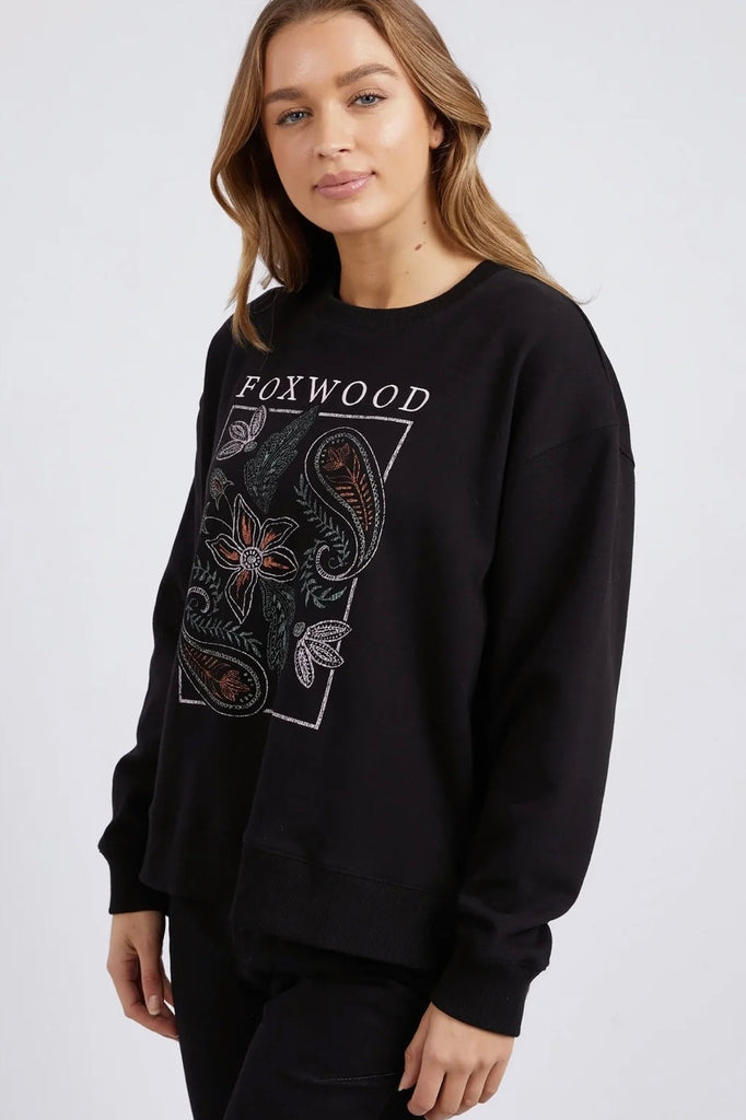 Paisley Crew - Black-Foxwood-Featuring an exclusive Foxwood graphic placement print on the chest, this relaxed fit crew has a round neckline and is made in 100% cotton fleece. An ideal casual piece for the season. Round Neckline Front Chest Print Relaxed Fit 100% Cotton Model is 176cm and wears size 8-10-Pash + Evolve