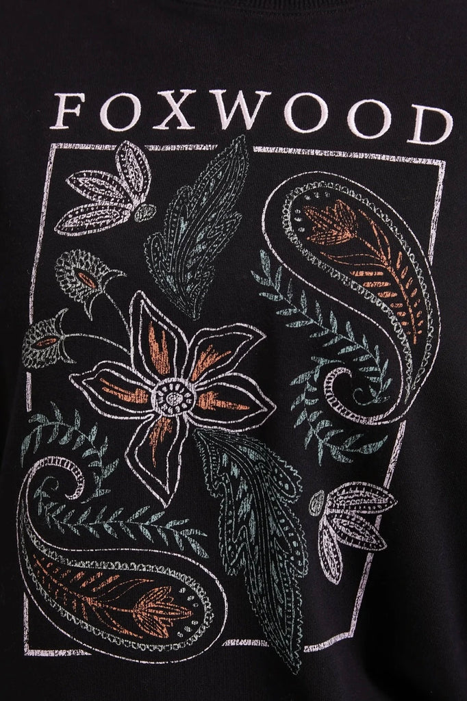 Paisley Crew - Black-Foxwood-Featuring an exclusive Foxwood graphic placement print on the chest, this relaxed fit crew has a round neckline and is made in 100% cotton fleece. An ideal casual piece for the season. Round Neckline Front Chest Print Relaxed Fit 100% Cotton Model is 176cm and wears size 8-10-Pash + Evolve
