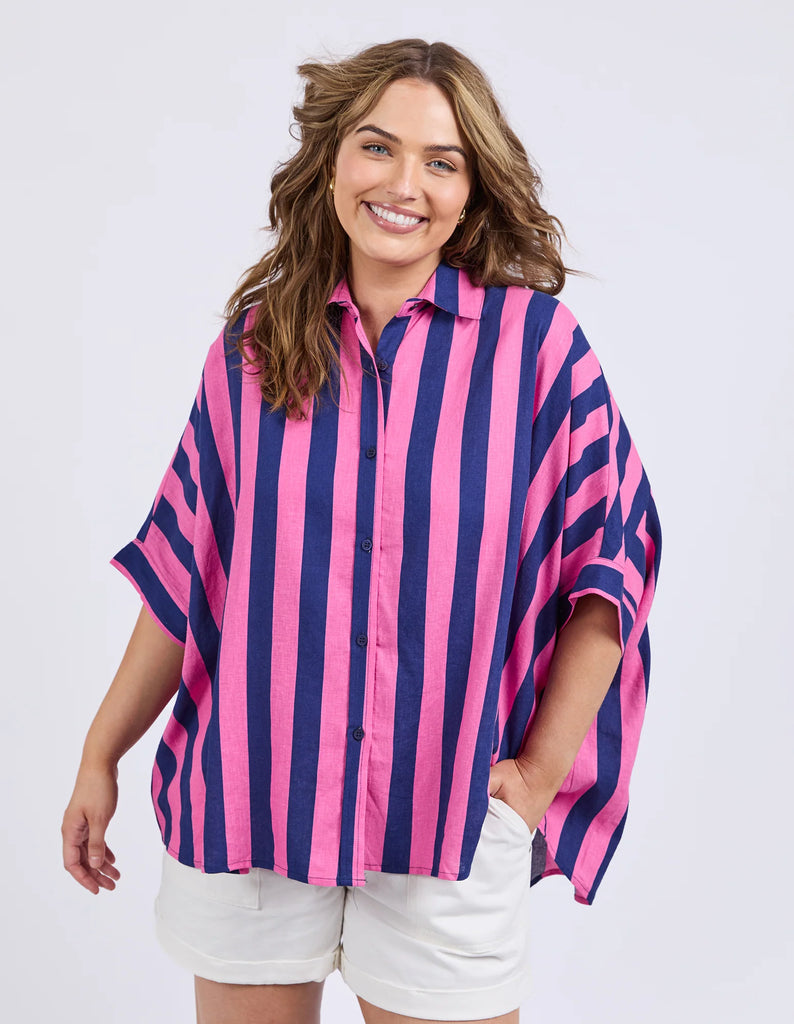 Palermo Stripe Shirt - pink/blue-Elm-Our new favourite shirt! featuring a classic button through front this is the ideal shirt to wear open atop your shorts or swimwear, or button up and tuck in for a stylish put together look. Collar with buttons to waist Yarn dye stripe Midi length Linen Viscose Model is 171cm and wears Size 10-Pash + Evolve