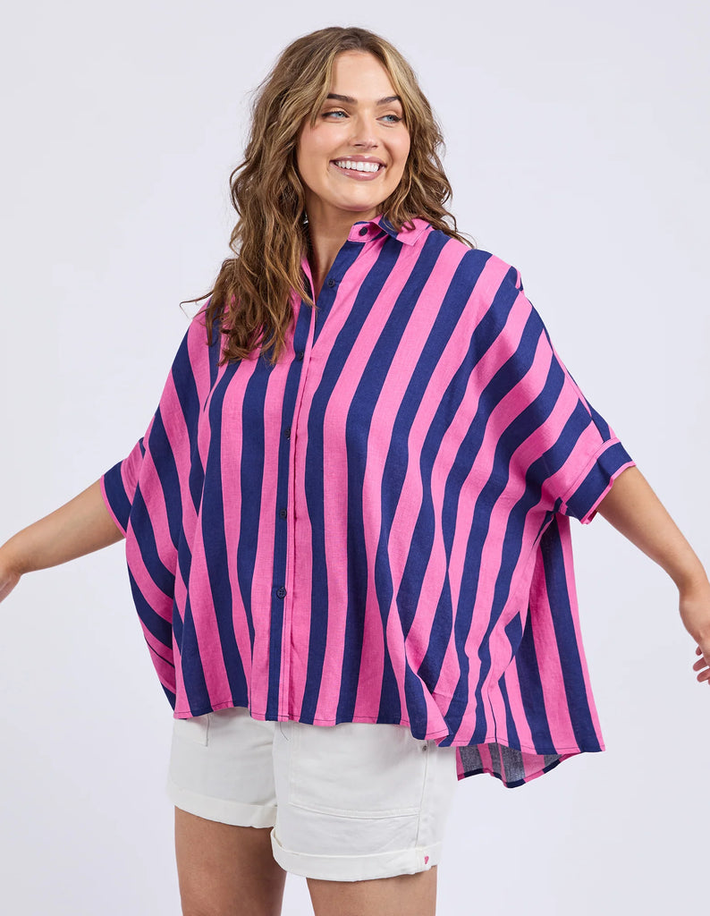 Palermo Stripe Shirt - pink/blue-Elm-Our new favourite shirt! featuring a classic button through front this is the ideal shirt to wear open atop your shorts or swimwear, or button up and tuck in for a stylish put together look. Collar with buttons to waist Yarn dye stripe Midi length Linen Viscose Model is 171cm and wears Size 10-Pash + Evolve