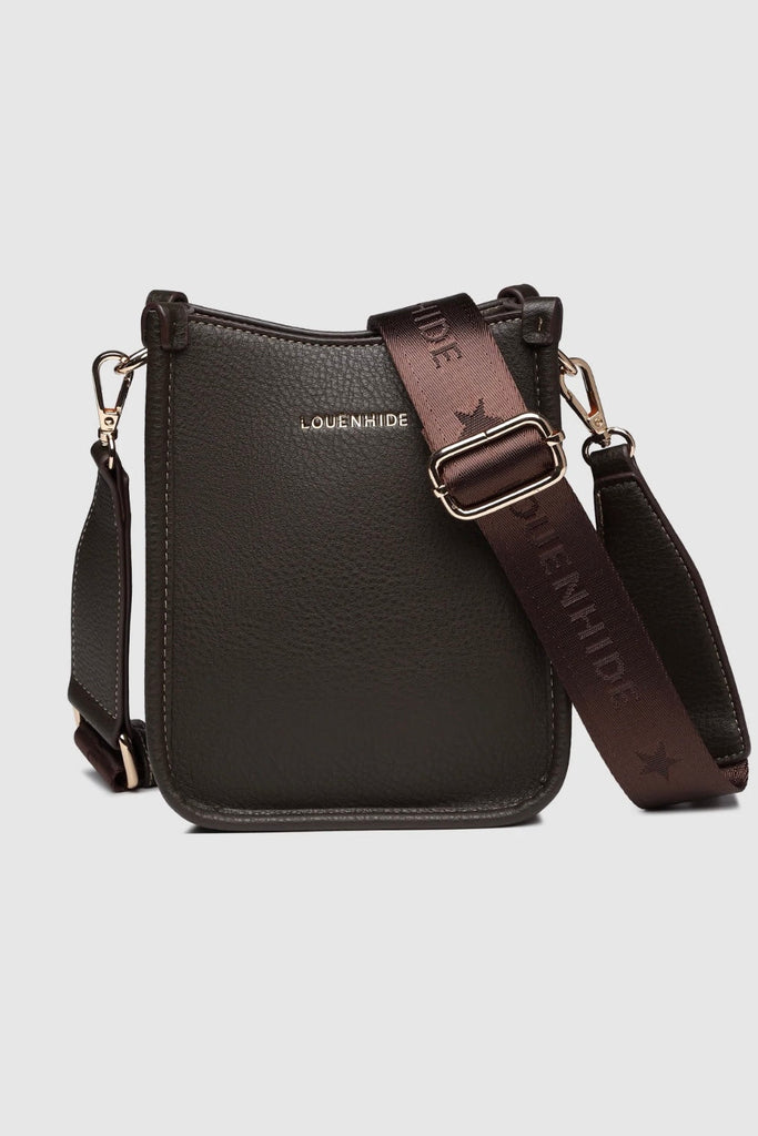Parker phone crossbody bag - chocolate-Louenhide-The Louenhide Parker Chocolate Phone Crossbody Bag effortlessly combines an elevated aesthetic with everyday functionality. Whether you're heading to the office, running errands or meeting friends for coffee, this minimalistic phone bag will be your new go-to. Parker Chocolate features an on-trend and modern silhouette, enhanced by the contrasting stitch details in two classic colourways. Elevate your style with the sateen webbing guitar strap or keep it simp