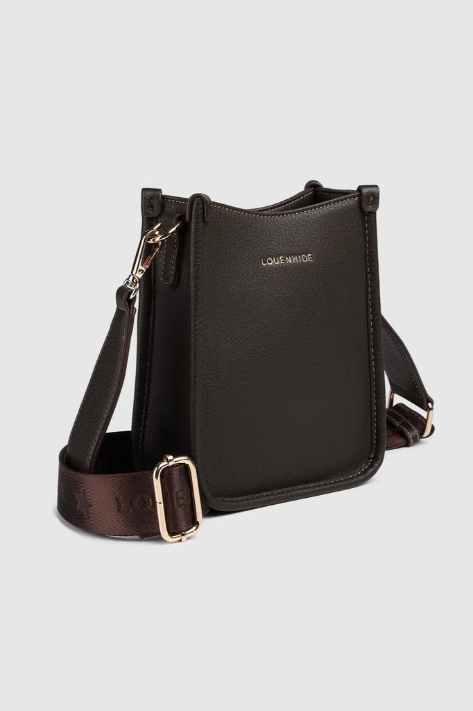 Parker phone crossbody bag - chocolate-Louenhide-The Louenhide Parker Chocolate Phone Crossbody Bag effortlessly combines an elevated aesthetic with everyday functionality. Whether you're heading to the office, running errands or meeting friends for coffee, this minimalistic phone bag will be your new go-to. Parker Chocolate features an on-trend and modern silhouette, enhanced by the contrasting stitch details in two classic colourways. Elevate your style with the sateen webbing guitar strap or keep it simp