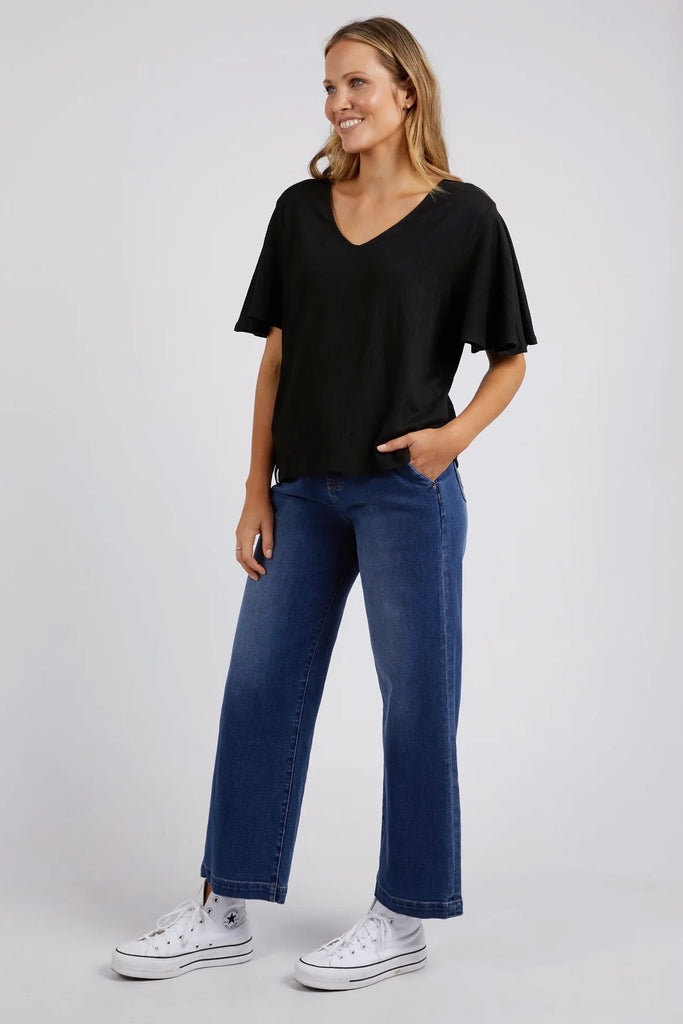Pearl top - black-Elm-The Dressy Tee! Made From Stylish Crinkle Jersey, The Pearl Top Features Slightly Longer Flutter Sleeves And A Vee Neckline For A Flattering Look. Dressy Tee Flutter Sleeves Vee Neckline Crinkle Jersey Model is 169cm and wears Size 10-Pash + Evolve