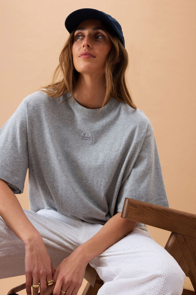 Phoebe Premium Tee - Grey marle-Ceres Life-100% Organic cotton Premium weight Jersey Boxy Oversized fit Tonal Logo Embroidery-Pash + Evolve
