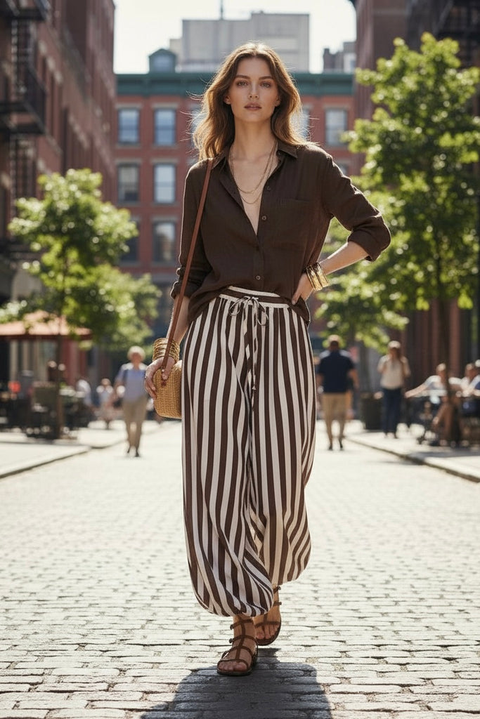 Phoebe pant - choc/white stripe-Pash + Evolve-*Balloon pant *Choc/white stripe *Elasticated cuff *Drawstring *100% Rayon-Pash + Evolve