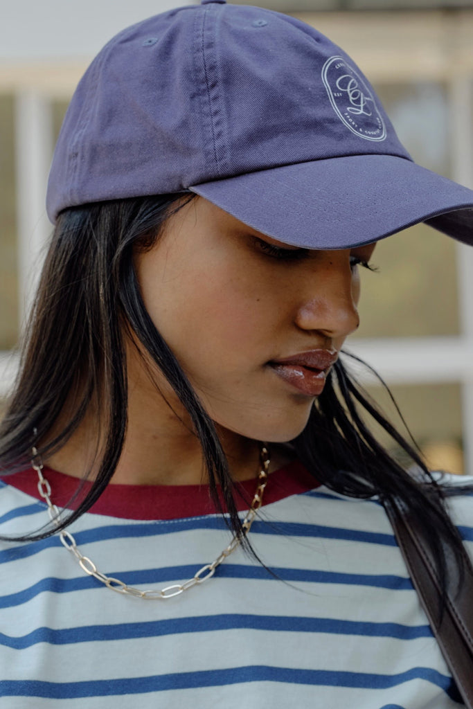 Pip Everyday Cap - Navy/White Club Logo-Ceres Life-Made with 50% pre-consumer recycled cotton Classic 6 panel style Adjustable back strap -Antique Silver metal fastening-Pash + Evolve