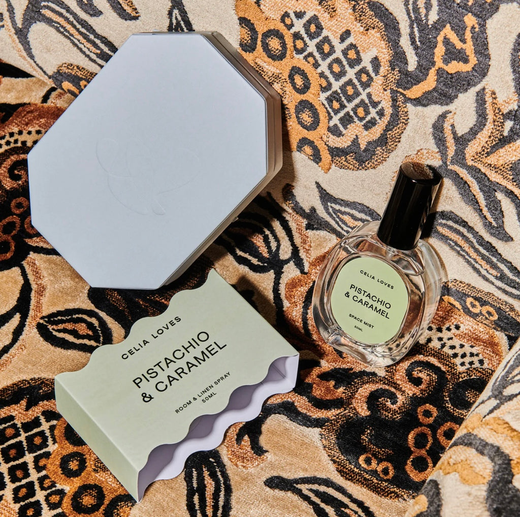 Pistachio & Caramel - Room Spray 50ml-Celia Loves-Like Hailey Bieber’s daily makeup routine, Pistachio & Caramel is perfectly polished, paired back and #goals. A sophisticated scent blend that gives quiet luxury while still satisfying your sweet tooth. Top notes orange zest, pistachio, sweet jam Heart notes jasmine, caramel, malt Base notes classic vanilla, musk Handcrafted on the Surf Coast of Victoria using soy wax, the Celia Loves La Fiesta Collection is all about bringing the party and celebrating every