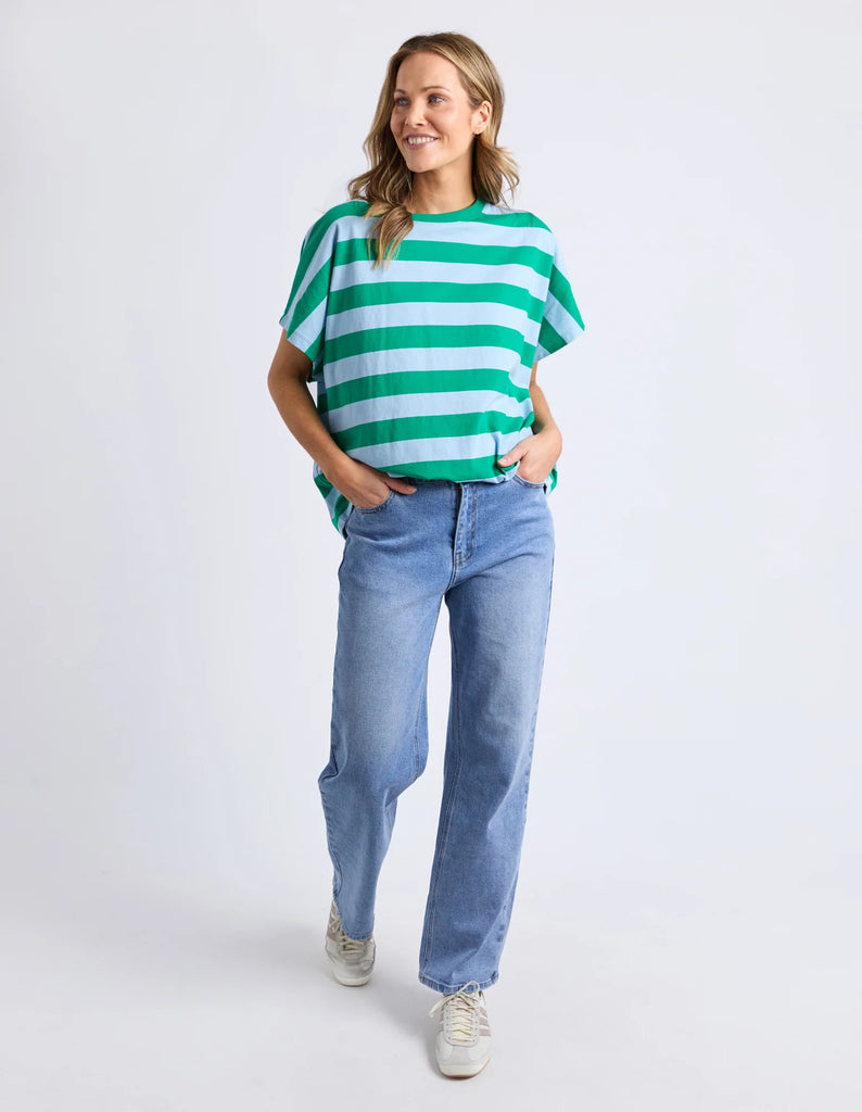 Poet tee - green/blue stripe-Elm-crew neckline Extended sleeve Yarn dye stripe Oversized fit.-Pash + Evolve