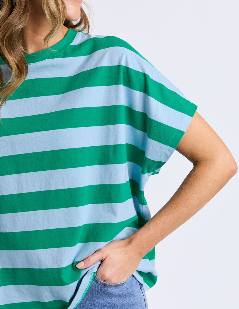 Poet tee - green/blue stripe-Elm-crew neckline Extended sleeve Yarn dye stripe Oversized fit.-Pash + Evolve