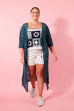Posy Cardigan - Teal-Isle of Mine-Shield your shoulders from the harsh sun rays with the Posy Cardigan. A unique twist to your classic light layer, this one-size crochet cardigan will effortlessly enhance any outfit. Stay cool and relaxed by layering it over a simple outfit with your favourite sneakers. FEATURES: Open style design with scalloped edge Self-tie Elbow-length sleeves Crochet granny square design Midi-length 100% Cotton One Size-Pash + Evolve