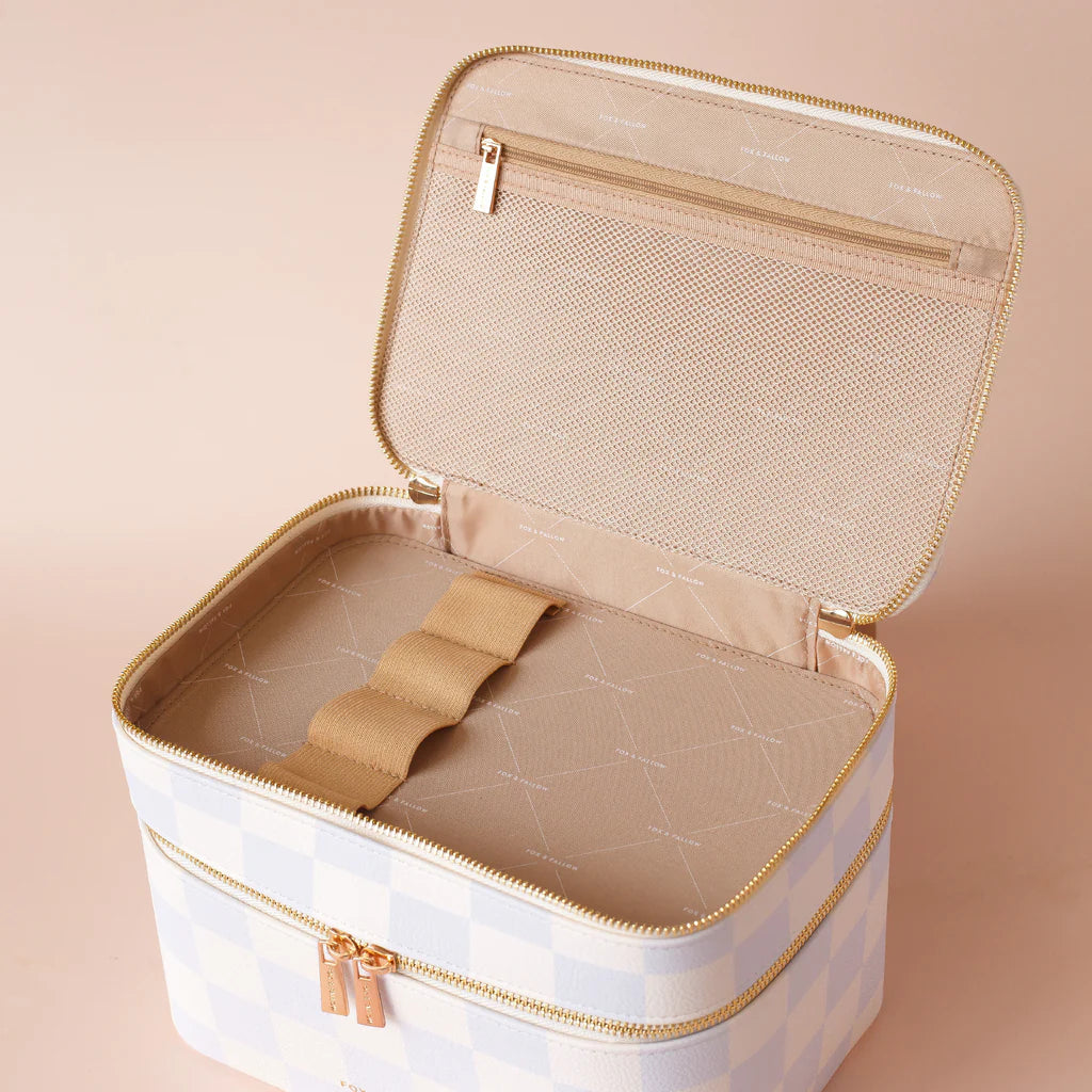 Powder Check Vanity Case-Fox & Fallow-Say hello to your new bestie - the Fox & Fallow 'Classic' Vanity Case! She’ll get you organised and keep you organised, whipping your skincare and makeup routine into shape. Not just for travel, it's the perfect bag for everyday! • Vanity Case: 24 x 16.5 x 17.5cm.• Box: 26 x 20 x 20cm.• Pebble vegan leather with a tan lining.• Dual layer with elastic loops.• Internal zip pocket.• Gold hardware.• Two handles and two zippers for easy access.• Bonus removable clear bag.• M