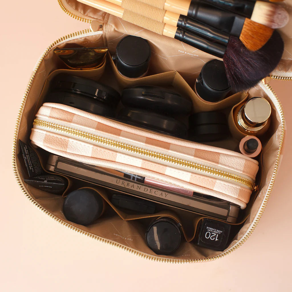 Powder Check Vanity Case-Fox & Fallow-Say hello to your new bestie - the Fox & Fallow 'Classic' Vanity Case! She’ll get you organised and keep you organised, whipping your skincare and makeup routine into shape. Not just for travel, it's the perfect bag for everyday! • Vanity Case: 24 x 16.5 x 17.5cm.• Box: 26 x 20 x 20cm.• Pebble vegan leather with a tan lining.• Dual layer with elastic loops.• Internal zip pocket.• Gold hardware.• Two handles and two zippers for easy access.• Bonus removable clear bag.• M