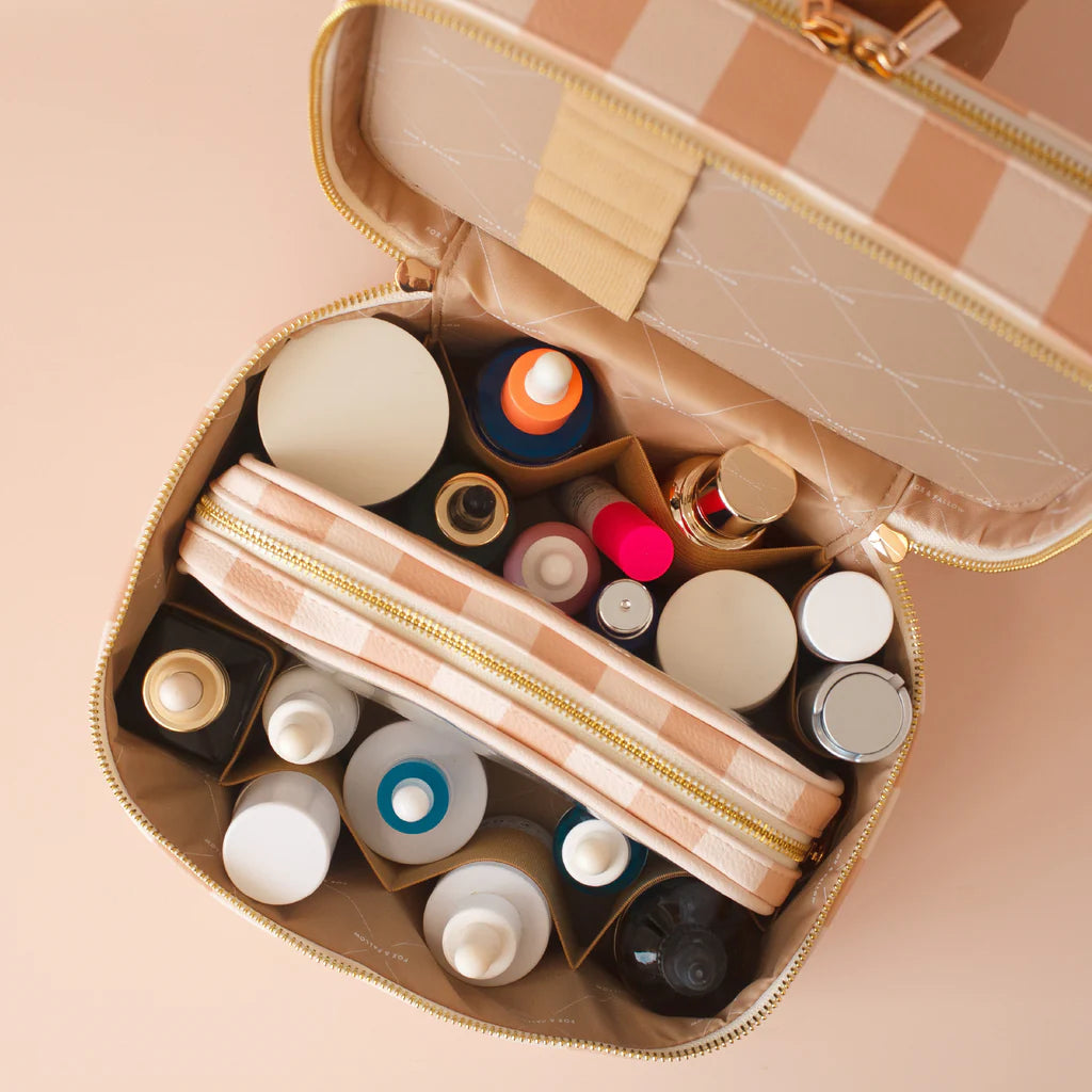 Powder Check Vanity Case-Fox & Fallow-Say hello to your new bestie - the Fox & Fallow 'Classic' Vanity Case! She’ll get you organised and keep you organised, whipping your skincare and makeup routine into shape. Not just for travel, it's the perfect bag for everyday! • Vanity Case: 24 x 16.5 x 17.5cm.• Box: 26 x 20 x 20cm.• Pebble vegan leather with a tan lining.• Dual layer with elastic loops.• Internal zip pocket.• Gold hardware.• Two handles and two zippers for easy access.• Bonus removable clear bag.• M