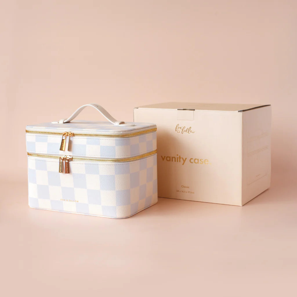 Powder Check Vanity Case-Fox & Fallow-Say hello to your new bestie - the Fox & Fallow 'Classic' Vanity Case! She’ll get you organised and keep you organised, whipping your skincare and makeup routine into shape. Not just for travel, it's the perfect bag for everyday! • Vanity Case: 24 x 16.5 x 17.5cm.• Box: 26 x 20 x 20cm.• Pebble vegan leather with a tan lining.• Dual layer with elastic loops.• Internal zip pocket.• Gold hardware.• Two handles and two zippers for easy access.• Bonus removable clear bag.• M