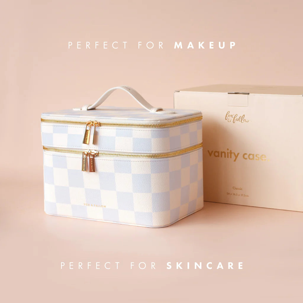 Powder Check Vanity Case-Fox & Fallow-Say hello to your new bestie - the Fox & Fallow 'Classic' Vanity Case! She’ll get you organised and keep you organised, whipping your skincare and makeup routine into shape. Not just for travel, it's the perfect bag for everyday! • Vanity Case: 24 x 16.5 x 17.5cm.• Box: 26 x 20 x 20cm.• Pebble vegan leather with a tan lining.• Dual layer with elastic loops.• Internal zip pocket.• Gold hardware.• Two handles and two zippers for easy access.• Bonus removable clear bag.• M