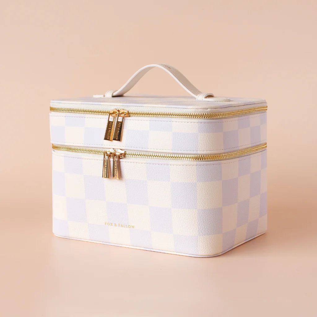 Powder Check Vanity Case-Fox & Fallow-Say hello to your new bestie - the Fox & Fallow 'Classic' Vanity Case! She’ll get you organised and keep you organised, whipping your skincare and makeup routine into shape. Not just for travel, it's the perfect bag for everyday! • Vanity Case: 24 x 16.5 x 17.5cm.• Box: 26 x 20 x 20cm.• Pebble vegan leather with a tan lining.• Dual layer with elastic loops.• Internal zip pocket.• Gold hardware.• Two handles and two zippers for easy access.• Bonus removable clear bag.• M
