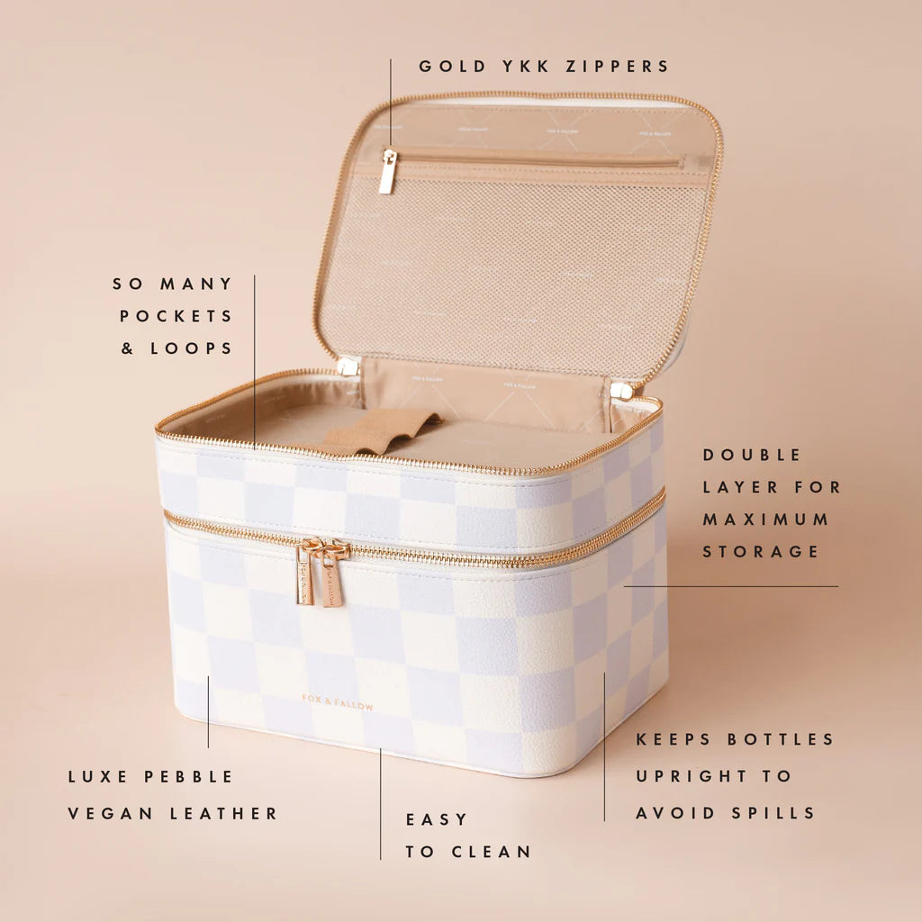 Powder Check Vanity Case-Fox & Fallow-Say hello to your new bestie - the Fox & Fallow 'Classic' Vanity Case! She’ll get you organised and keep you organised, whipping your skincare and makeup routine into shape. Not just for travel, it's the perfect bag for everyday! • Vanity Case: 24 x 16.5 x 17.5cm.• Box: 26 x 20 x 20cm.• Pebble vegan leather with a tan lining.• Dual layer with elastic loops.• Internal zip pocket.• Gold hardware.• Two handles and two zippers for easy access.• Bonus removable clear bag.• M