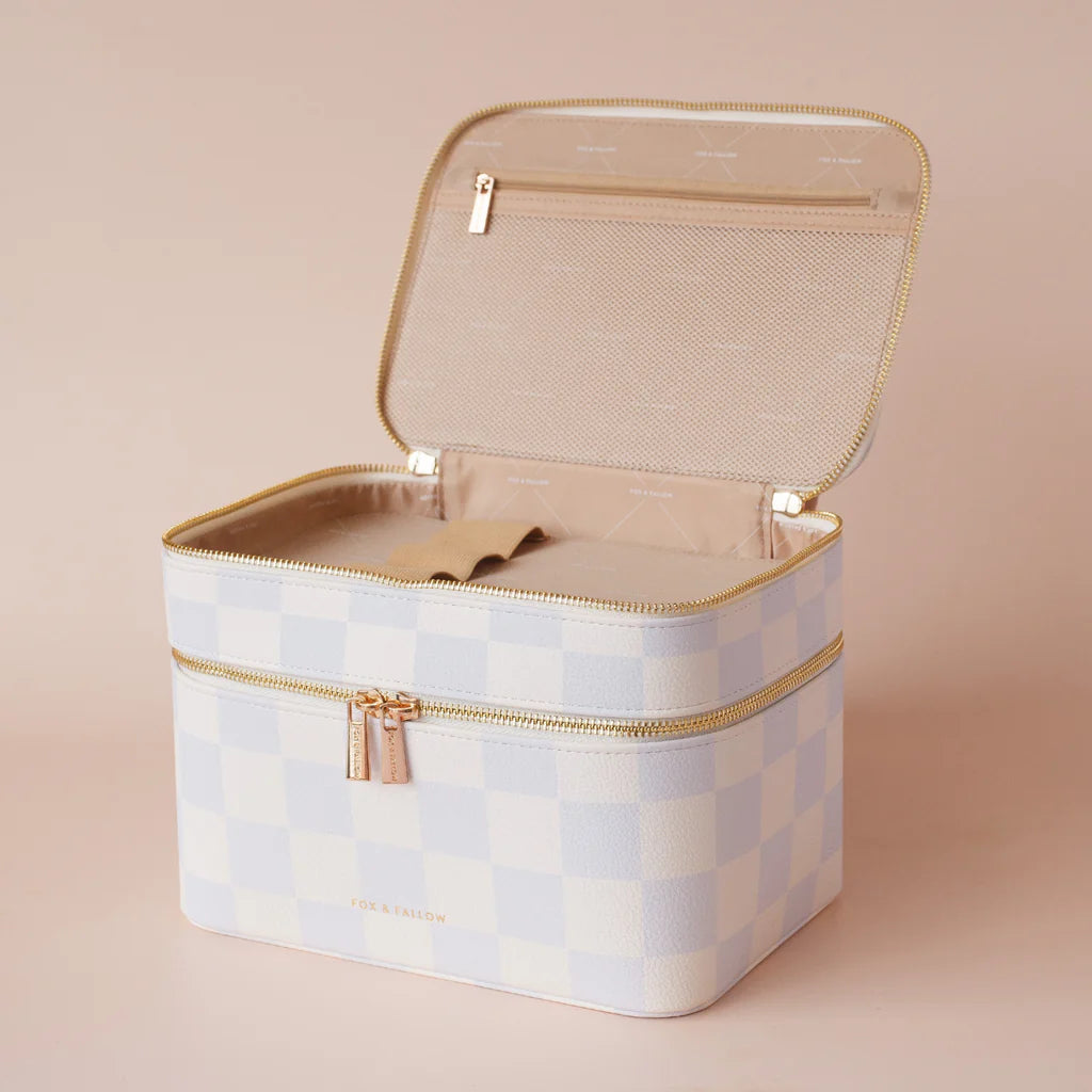 Powder Check Vanity Case-Fox & Fallow-Say hello to your new bestie - the Fox & Fallow 'Classic' Vanity Case! She’ll get you organised and keep you organised, whipping your skincare and makeup routine into shape. Not just for travel, it's the perfect bag for everyday! • Vanity Case: 24 x 16.5 x 17.5cm.• Box: 26 x 20 x 20cm.• Pebble vegan leather with a tan lining.• Dual layer with elastic loops.• Internal zip pocket.• Gold hardware.• Two handles and two zippers for easy access.• Bonus removable clear bag.• M